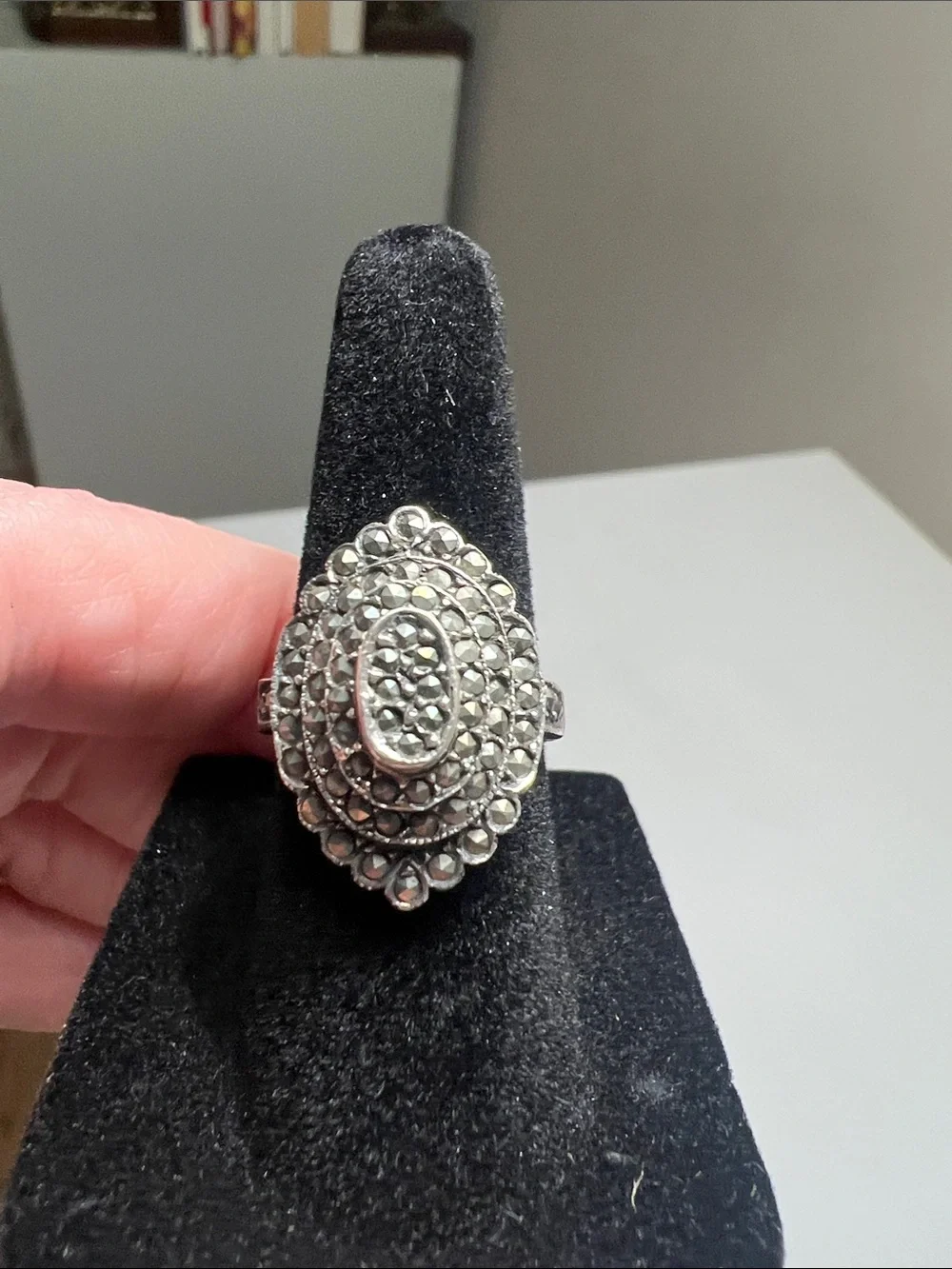 Unique Silver- Tone Black Marcasite Stones in an Oval Cluster Ring Vintage